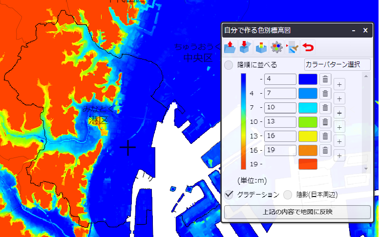 東京都港区の色別標高図
