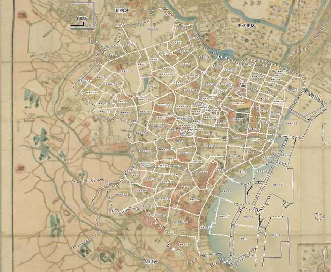 東京都港区の古地図と現在の地図を重ねた地図