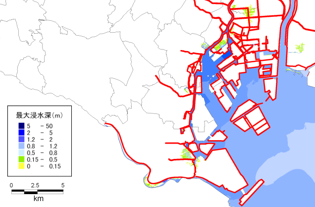 水門開放時の東京都中央区の津波浸水区域図