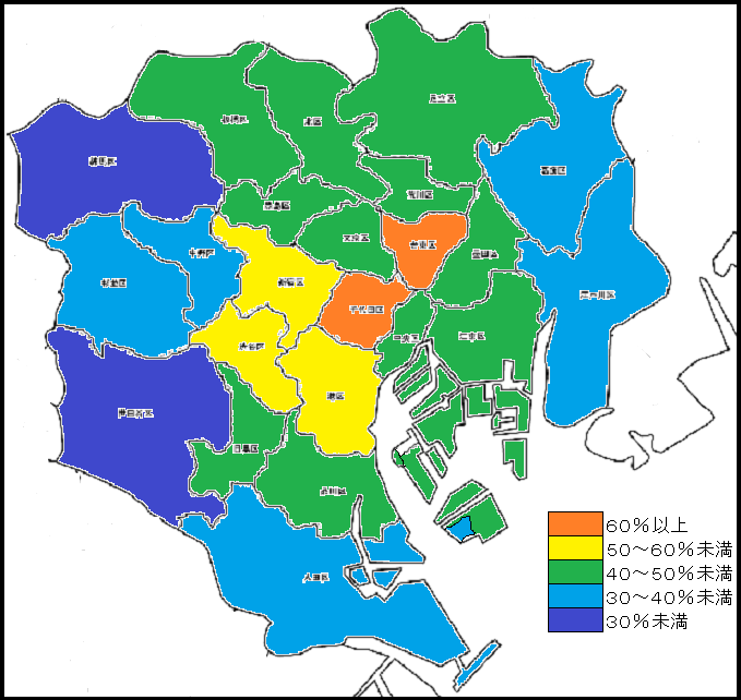 東京２３区の中古マンション価格上昇率（２０１３～２０２０年）を色別で地図で表したもの