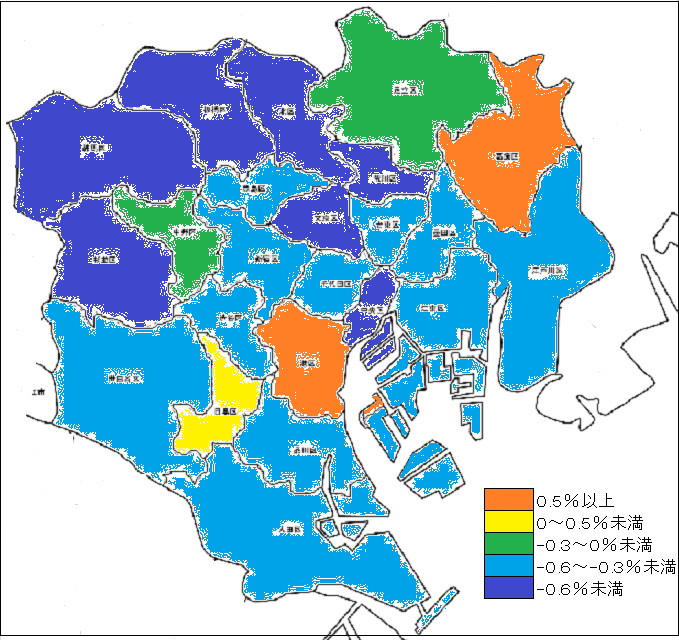 コロナ禍の東京２３区の地価変動率マップ