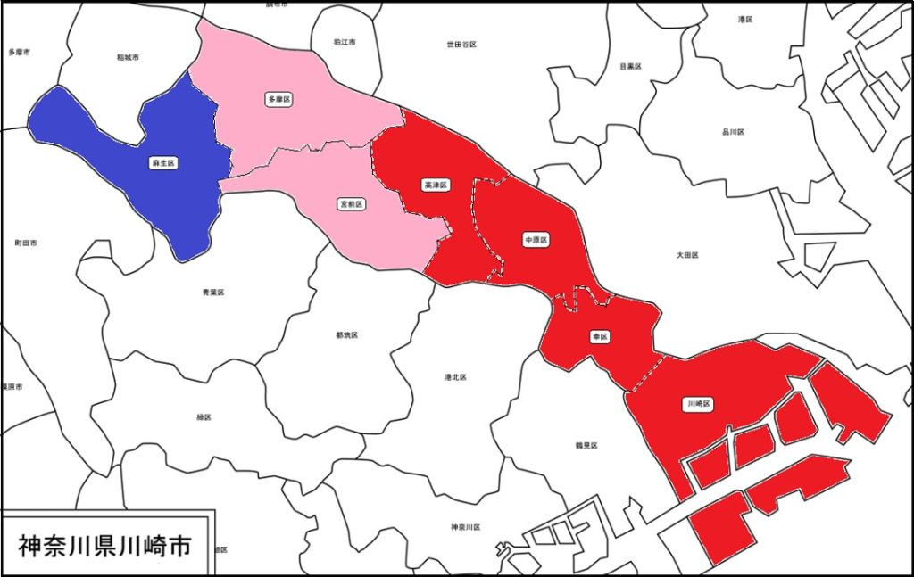 川崎市の地価変化率を区ごとに色分けして表示した地図