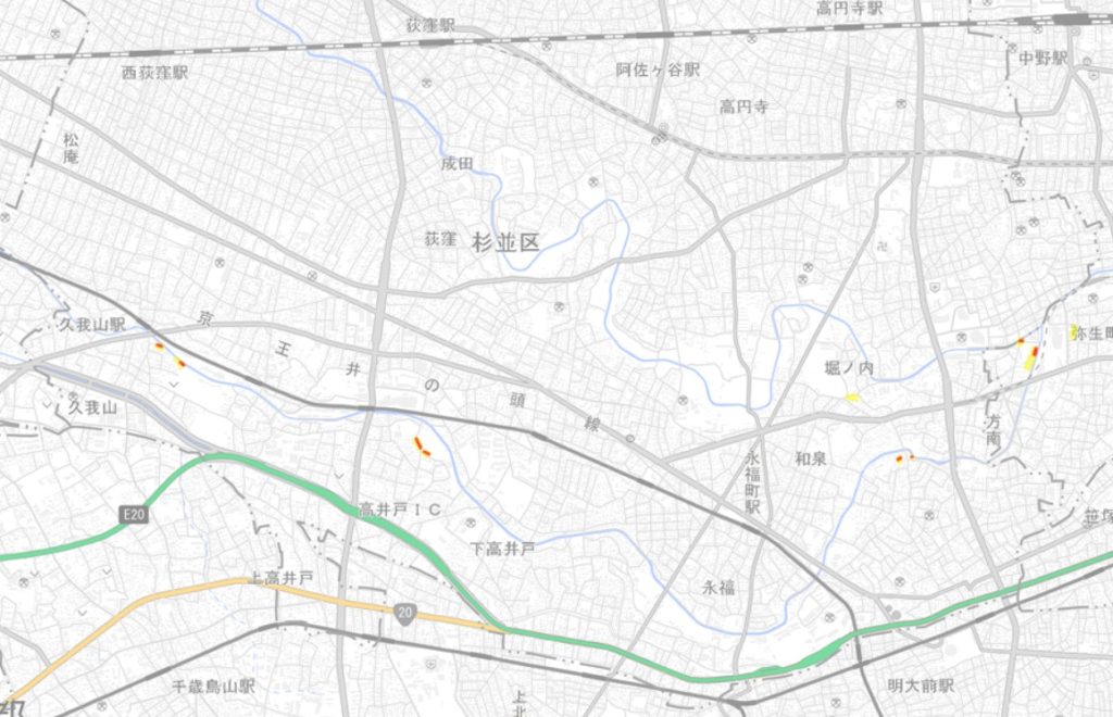 東京都杉並区の土砂災害警戒区域および土砂災害特別警戒区域の位置を示した地図