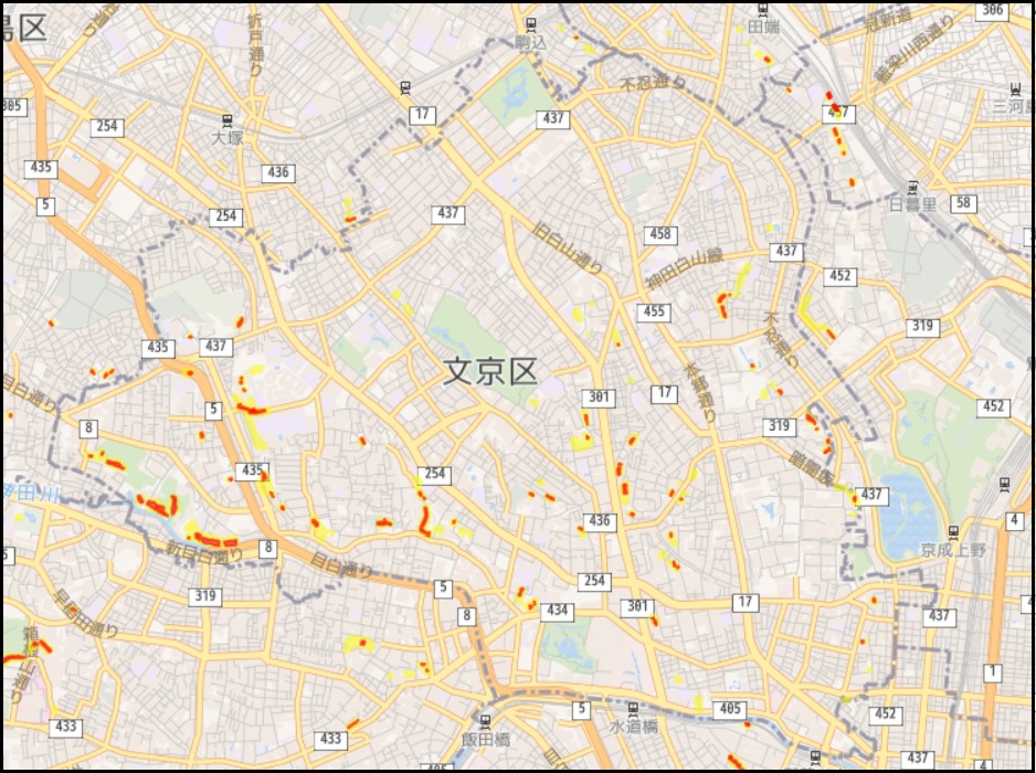 文京区の土砂災害警戒区域と土砂災害特別警戒区域の地図