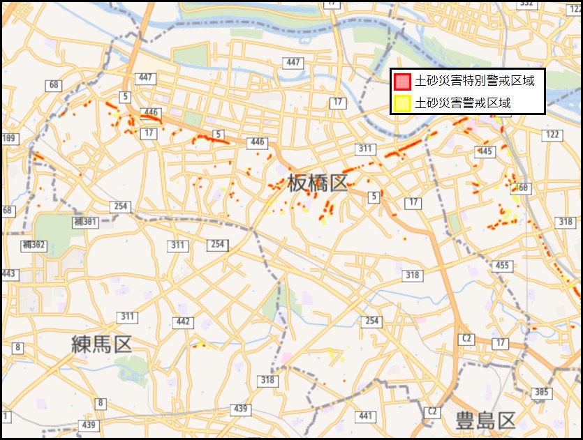 板橋区の土砂災害警戒区域と土砂災害特別警戒区域の地図