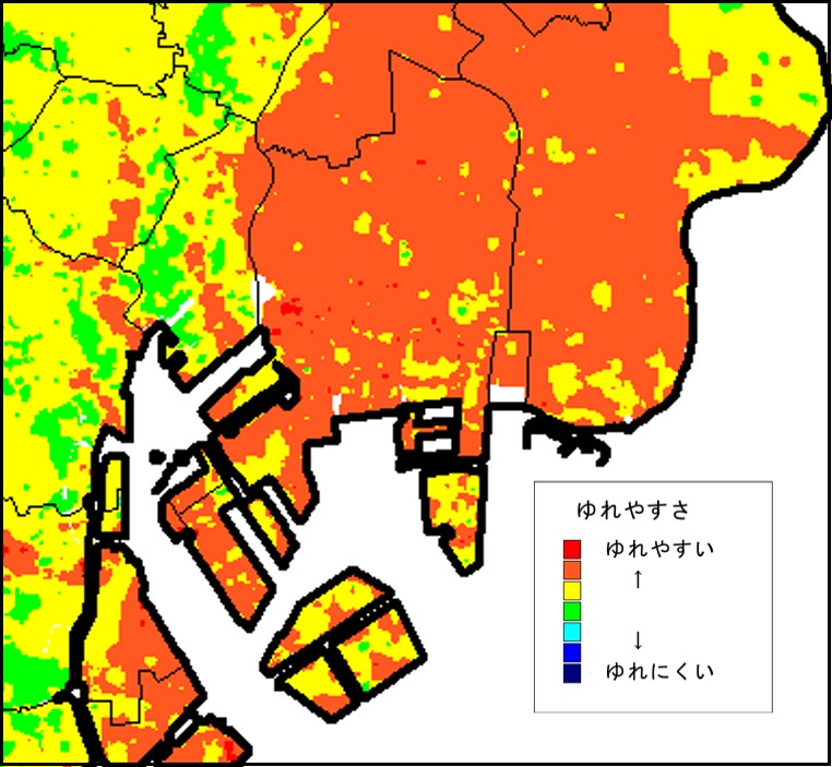 東京都江東区の地震揺れやすさマップ