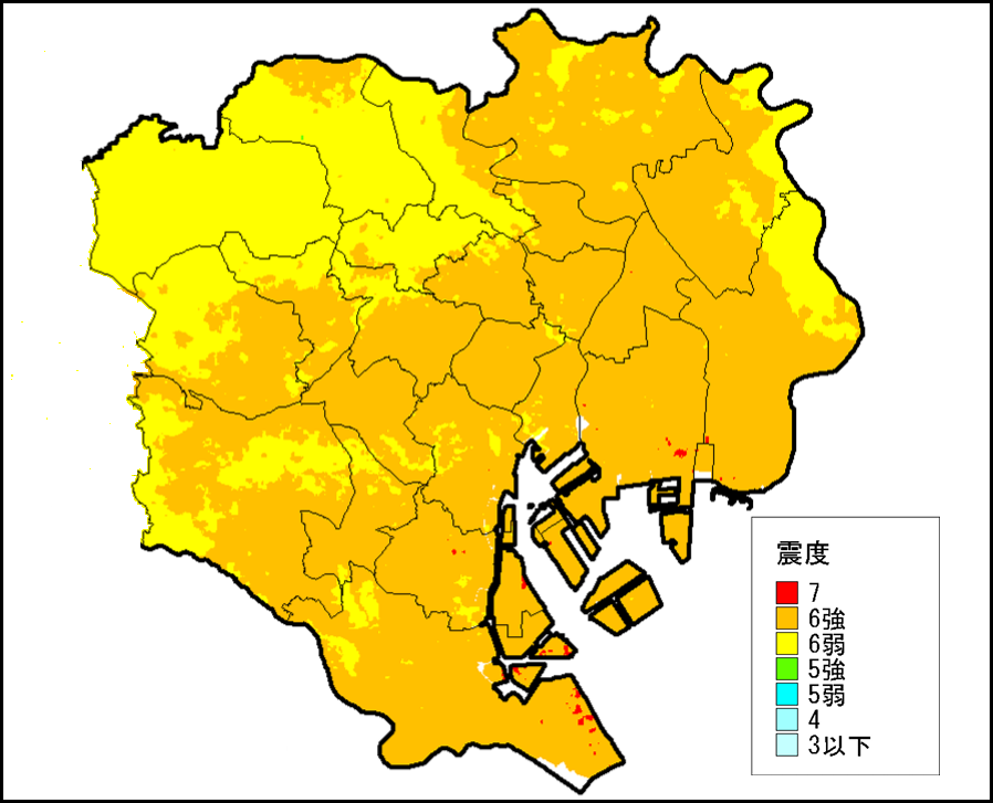 首都直下地震で予想される東京２３区震度