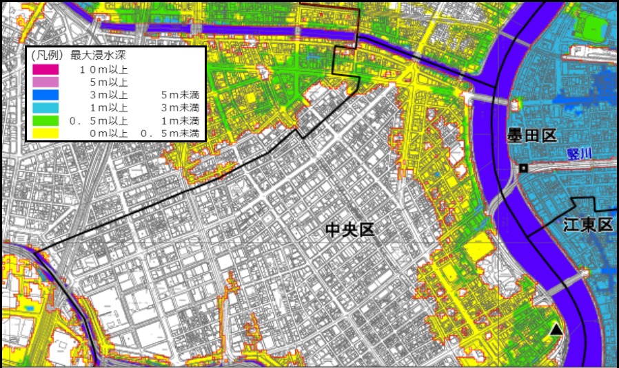 東京都中央区北部の高潮ハザードマップ