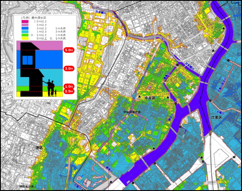 東京都中央区中央部の高潮ハザードマップ