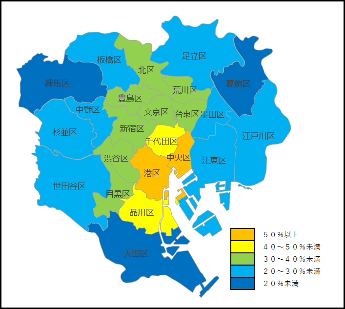東京２３区の2013～2021年までの地価上昇率を色別で表した地図