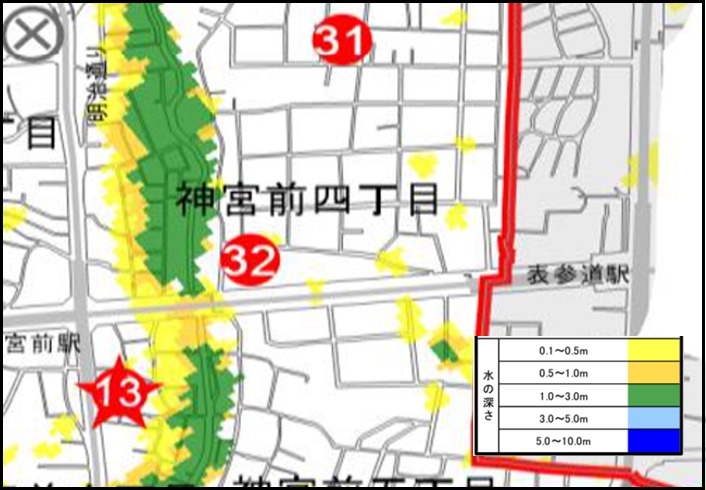 渋谷区神宮前４丁目の洪水ハザードマップ