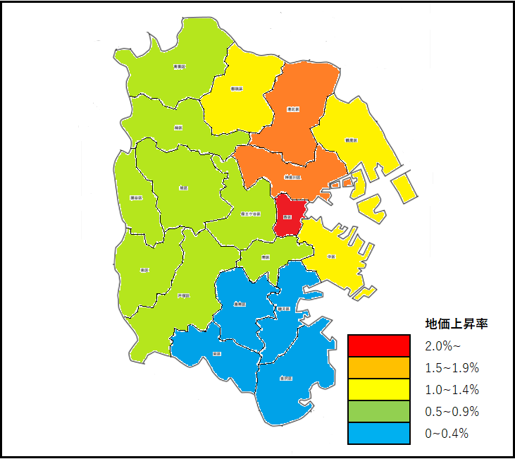横浜市の区別地価上昇率マップ（２０２２年）