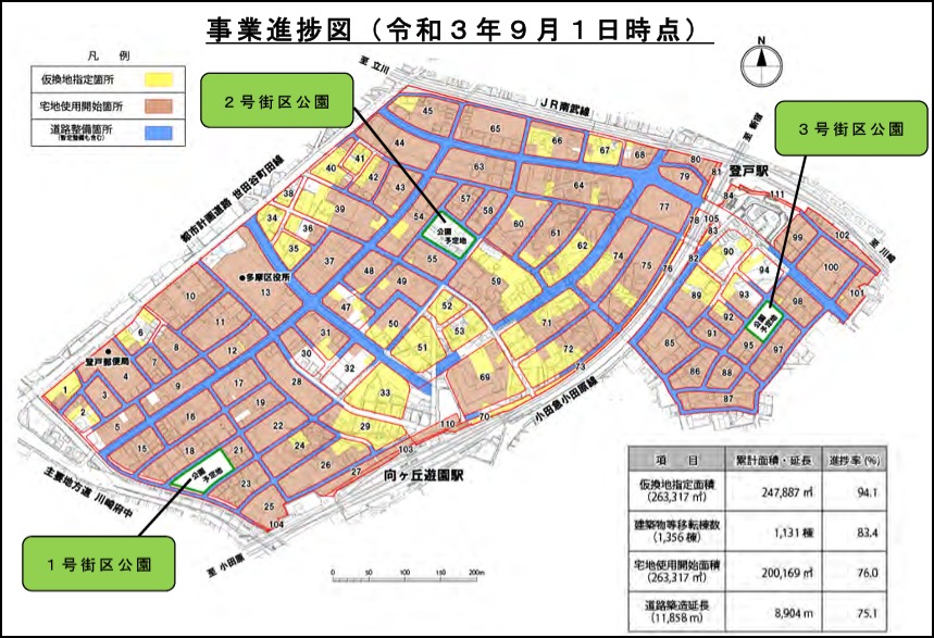 登戸駅周辺の土地区画整理事業進捗図