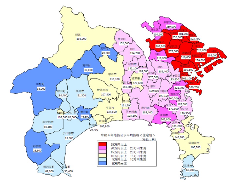 神奈川県　令和４年地価公示（神奈川県分）　市区町村別　平均価格地図（住宅地）