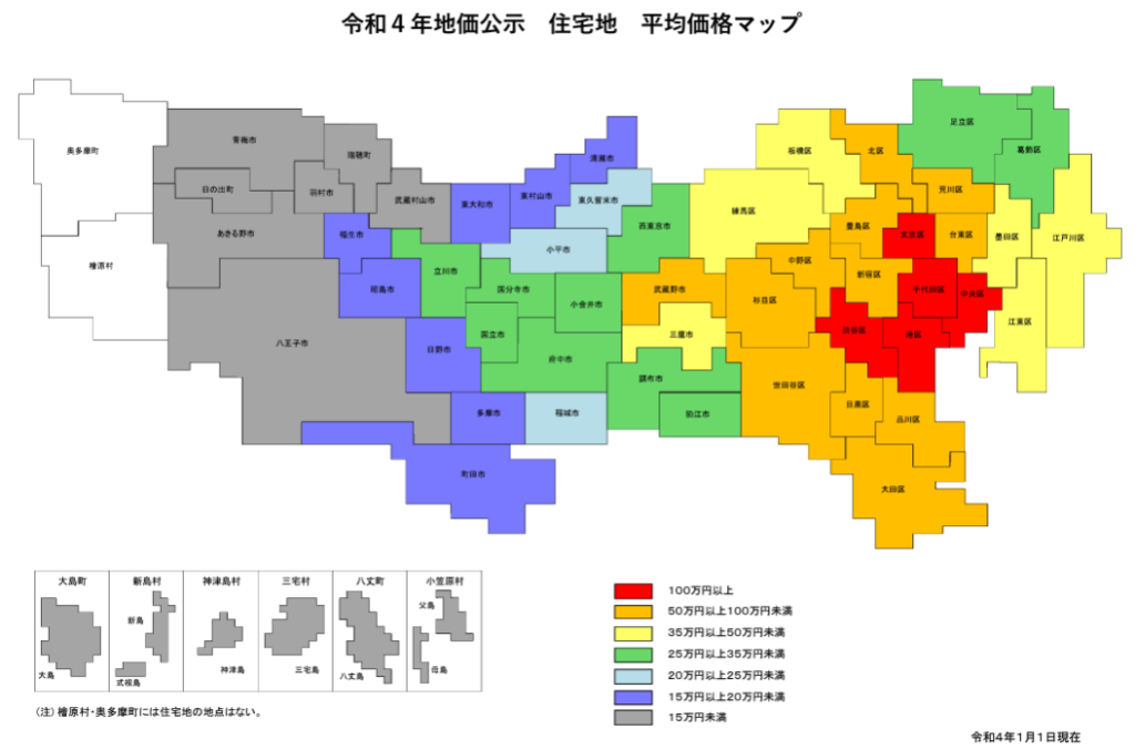 東京都　令和４年地価公示価格（東京都分）住宅地 平均価格マップ