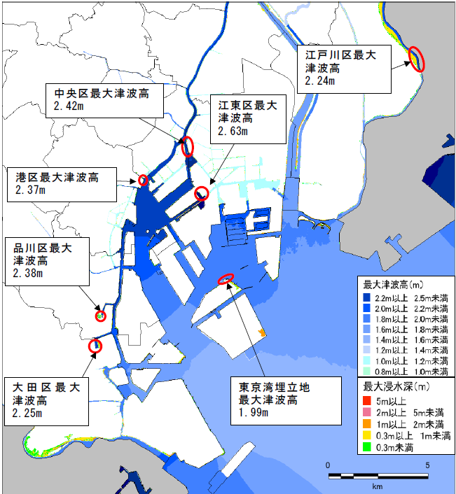 南海トラフ巨大地震が発生時、東京都各区における最大津波高とその場所
