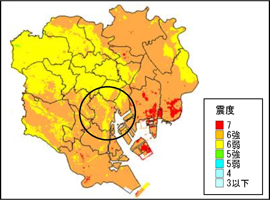 東京都港区の首都直下地震震度分布図