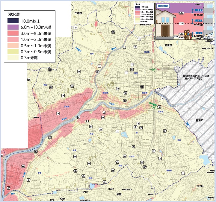 名古屋市天白区内水ハザードマップ（浸水深）