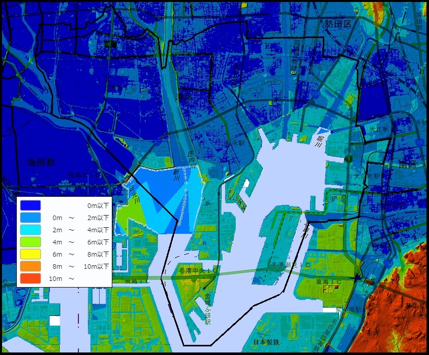 名古屋市港区の色別標高図