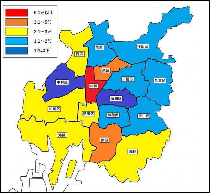 名古屋市の区別地価上昇率マップ（2022年）