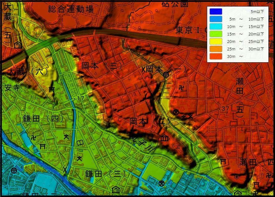 世田谷区岡本周辺の色別標高図