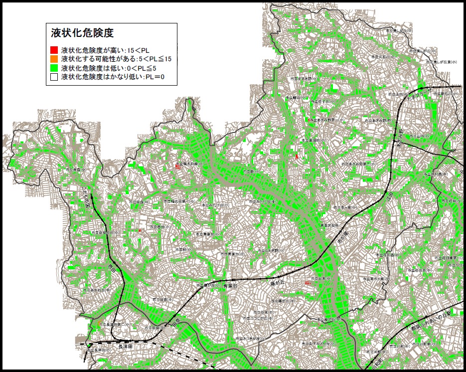 横浜市青葉区の液状化ハザードマップ