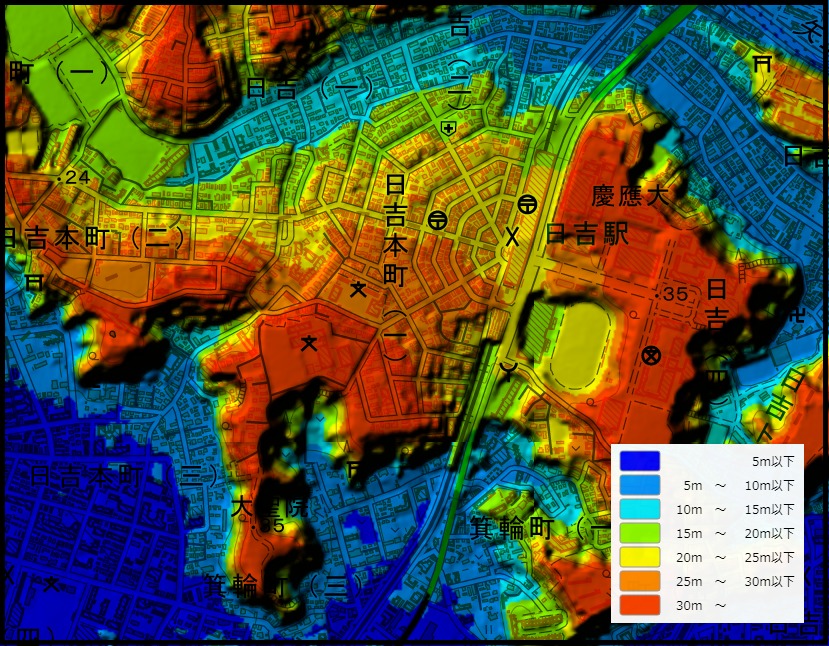 港北区日吉本町周辺の色別標高図