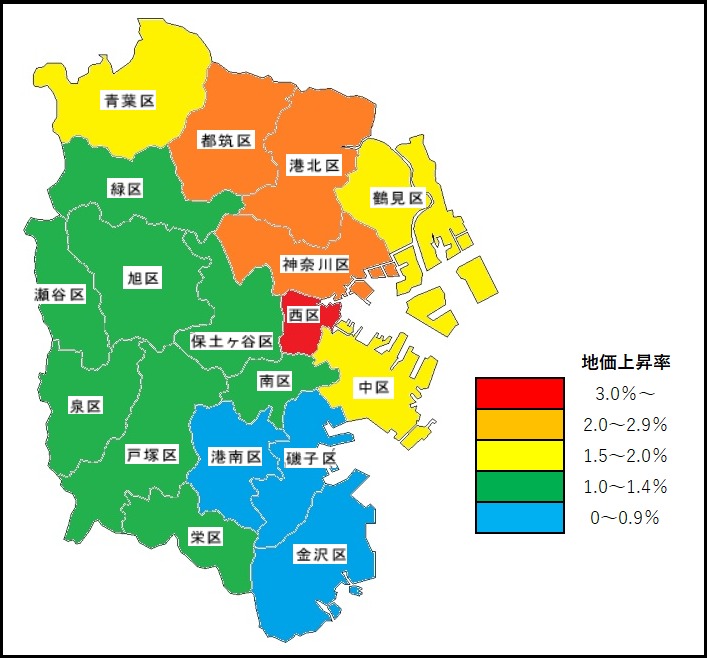 横浜市の区別地価上昇率マップ（2023年）