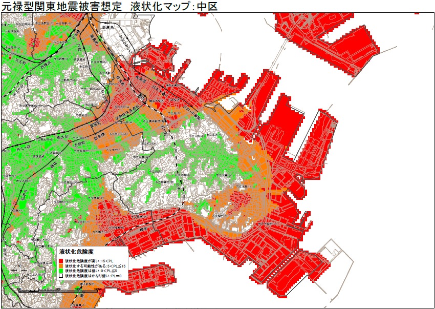 横浜市中区の液状化ハザードマップ