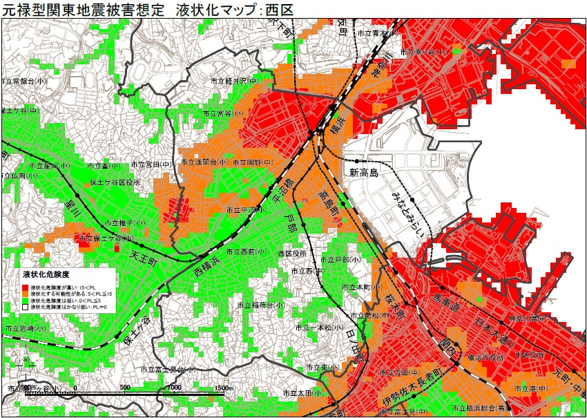 横浜市西区の液状化ハザードマップ