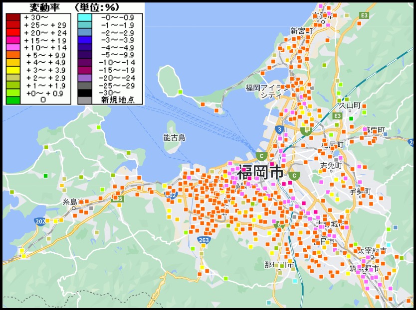 福岡市地価上昇率マップ（2023）
