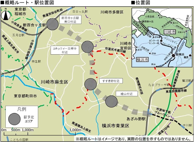 横浜市営地下鉄ブルーライン延伸概略ルート・駅位置図