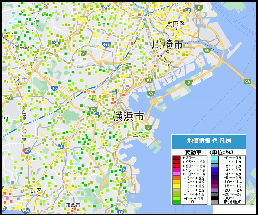 横浜市地価上昇率マップ（2023）