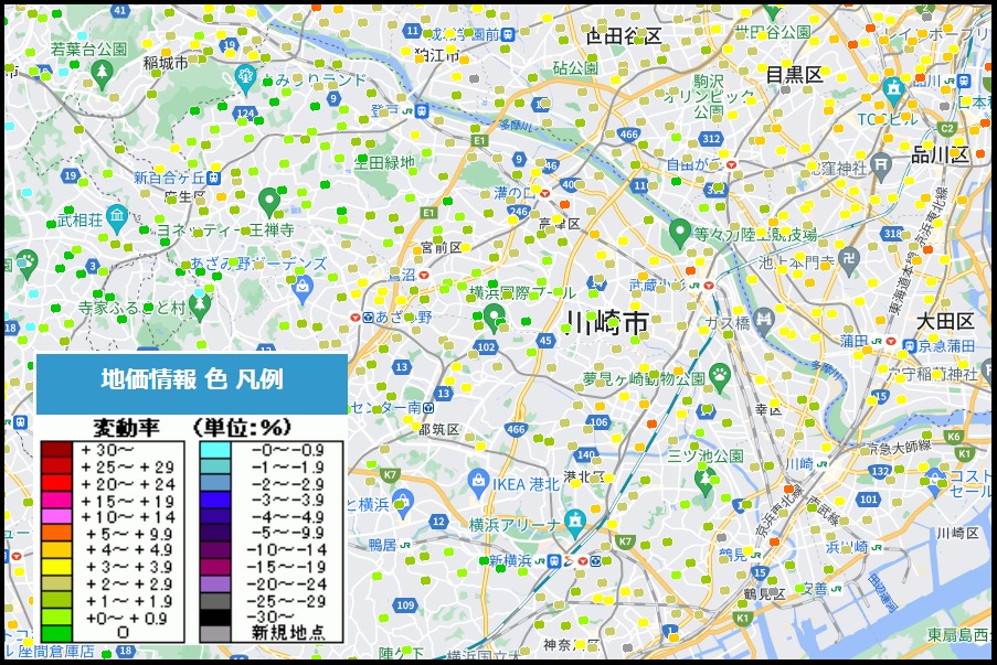 川崎市地価上昇率マップ（2023）